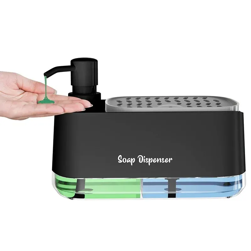 Ensemble de distributeurs de savon double pompe 3 en 1 avec range-éponge, organisateur de cuisine pour évier et plan de travail, solution de rangement compacte 7