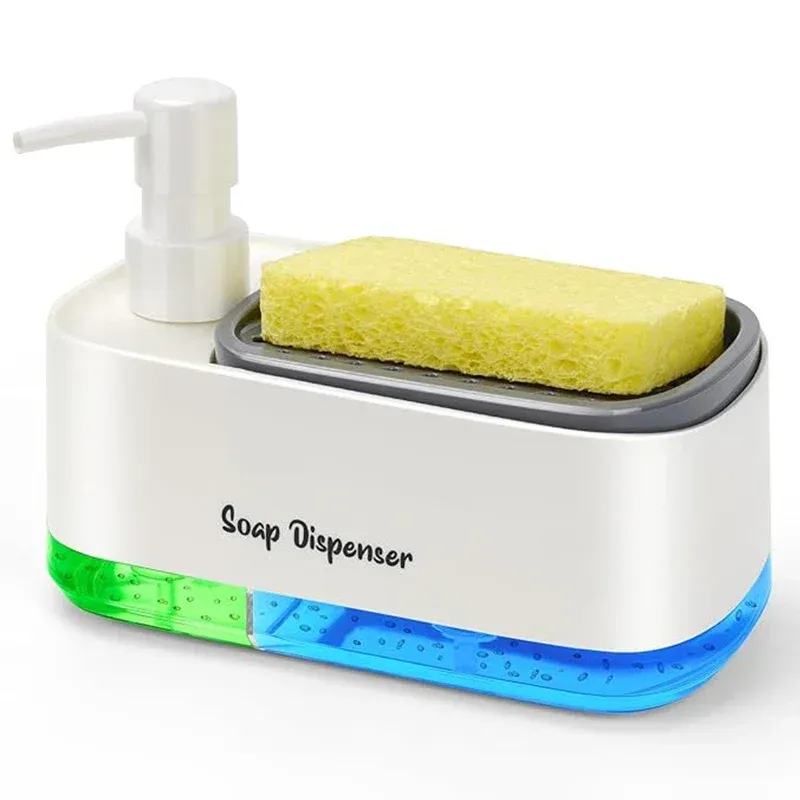 Ensemble de distributeurs de savon double pompe 3 en 1 avec range-éponge, organisateur de cuisine pour évier et plan de travail, solution de rangement compacte 9