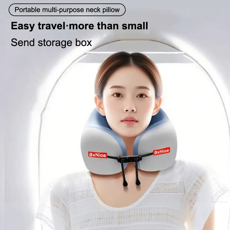 Oreiller en forme de U en coton à mémoire de forme, support de cou portable, doux et lavable pour le confort en avion et en voyage 3