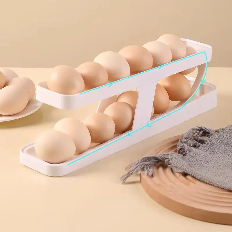 Bac à œufs à deux niveaux pour réfrigérateur, distributeur automatique à roulement, design en échelle, organisateur d'œufs 7