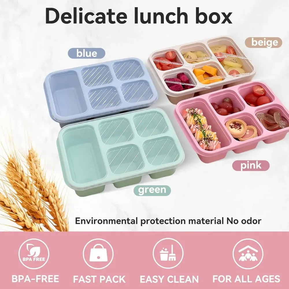 Boîte à déjeuner Bento réutilisable à 5 compartiments, compatible micro-ondes, idéale pour le travail et les voyages 3