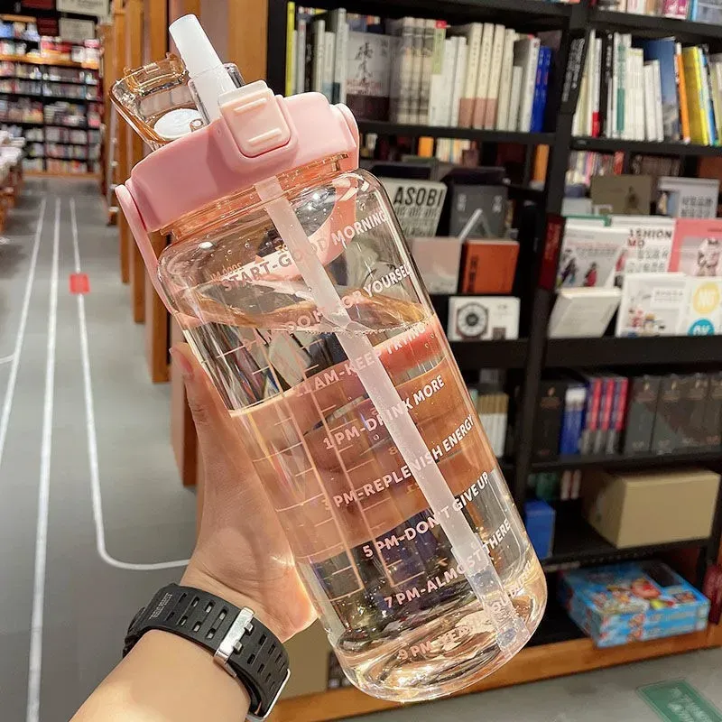 Gourde portable en plastique avec paille, 2 L, pour sports de plein air et fitness, grande bouteille pour adultes avec marqueur de temps 11