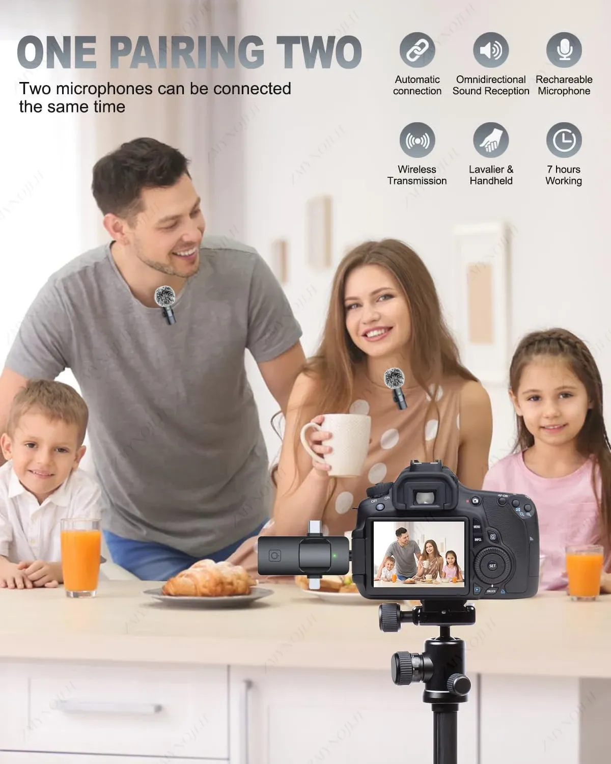 Microphone cravate sans fil 4-en-1 pour iPhone et Android, prise jack 3,5 mm, enregistrement audio en direct avec réduction du bruit, mini microphone 2