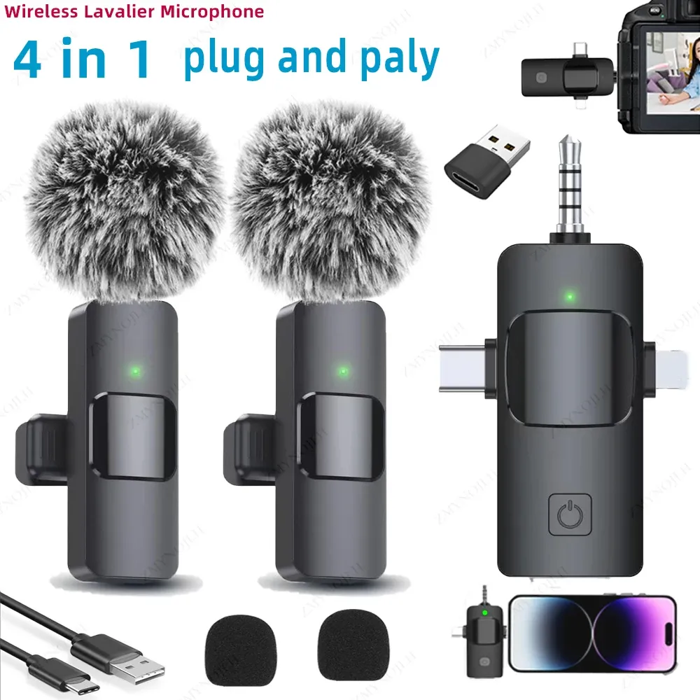 Microphone cravate sans fil 4-en-1 pour iPhone et Android, prise jack 3,5 mm, enregistrement audio en direct avec réduction du bruit, mini microphone - Image 1