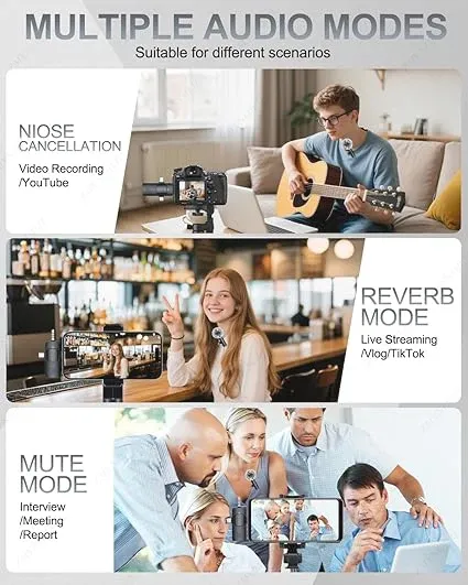 Microphone cravate sans fil 4-en-1 pour iPhone et Android, prise jack 3,5 mm, enregistrement audio en direct avec réduction du bruit, mini microphone 4