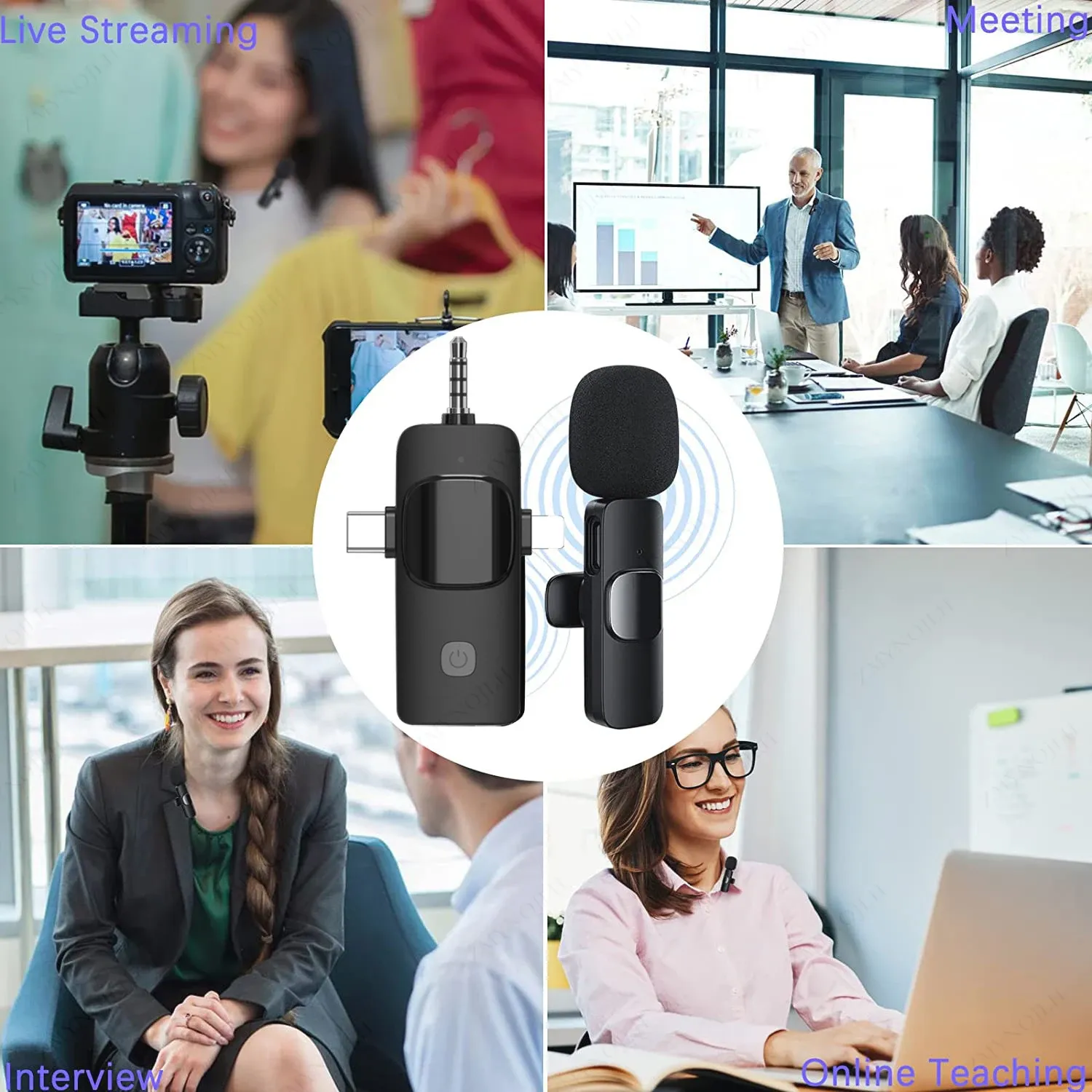 Microphone cravate sans fil 4-en-1 pour iPhone et Android, prise jack 3,5 mm, enregistrement audio en direct avec réduction du bruit, mini microphone 6