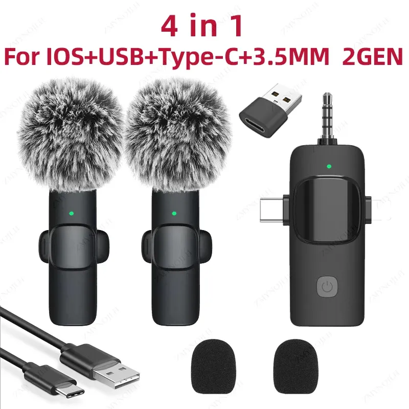 Microphone cravate sans fil 4-en-1 pour iPhone et Android, prise jack 3,5 mm, enregistrement audio en direct avec réduction du bruit, mini microphone 8
