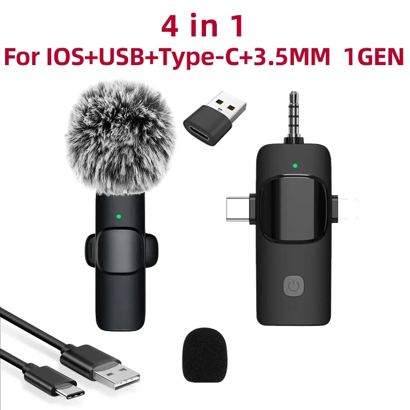 Microphone cravate sans fil 4-en-1 pour iPhone et Android, prise jack 3,5 mm, enregistrement audio en direct avec réduction du bruit, mini microphone 7