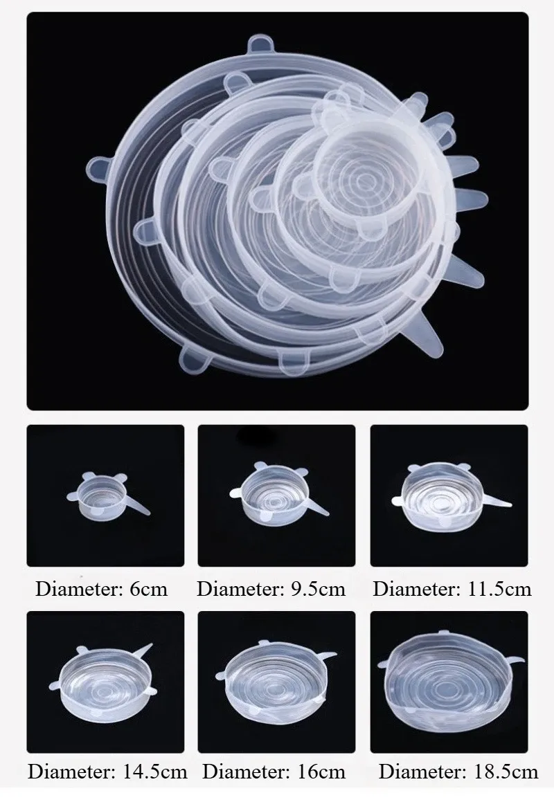 Couvercles extensibles réutilisables en silicone pour la conservation des aliments, multifonctionnels, pour bols, fruits et légumes, motif Smiley, couvercle d'étanchéité, lot de 6 6