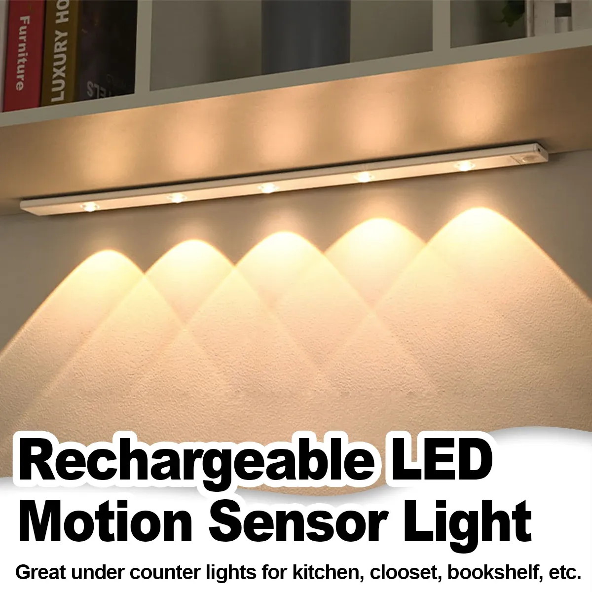 Lampe LED à détecteur de mouvement ultra fine avec éclairage tricolore, rechargeable par USB, bande lumineuse autocollante 10 cm / 20 cm / 30 cm / 50 cm pour placard - Image 1