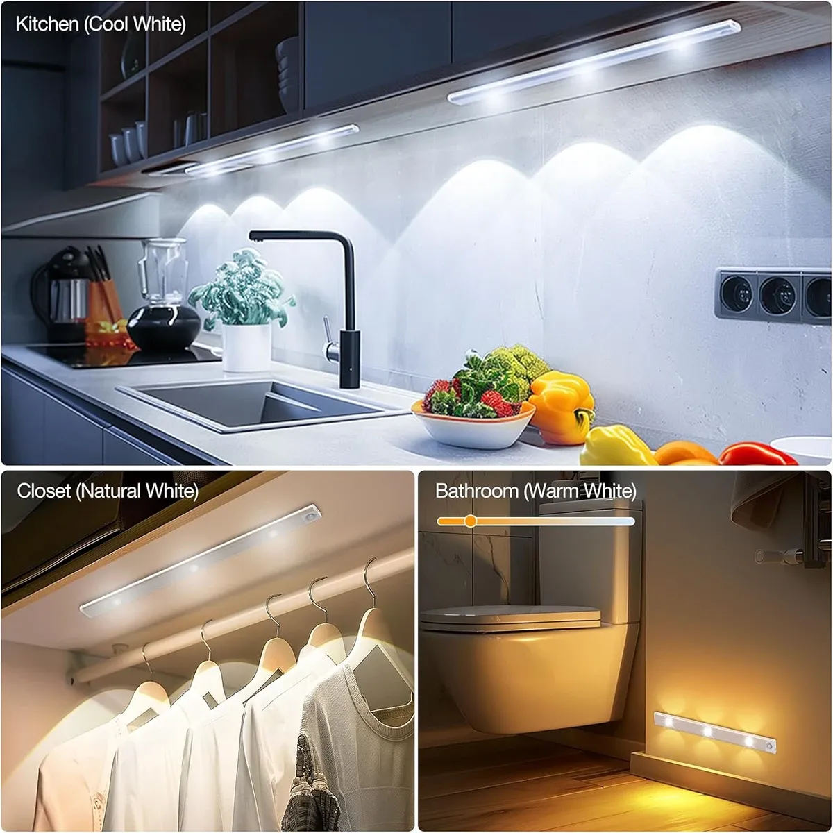 Lampe LED à détecteur de mouvement ultra fine avec éclairage tricolore, rechargeable par USB, bande lumineuse autocollante 10 cm / 20 cm / 30 cm / 50 cm pour placard 6