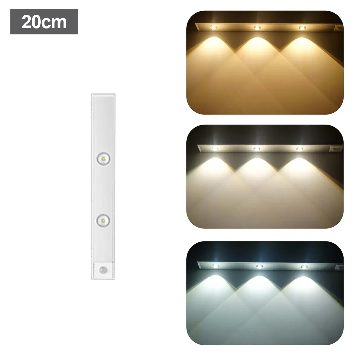 Lampe LED à détecteur de mouvement ultra fine avec éclairage tricolore, rechargeable par USB, bande lumineuse autocollante 10 cm / 20 cm / 30 cm / 50 cm pour placard 8