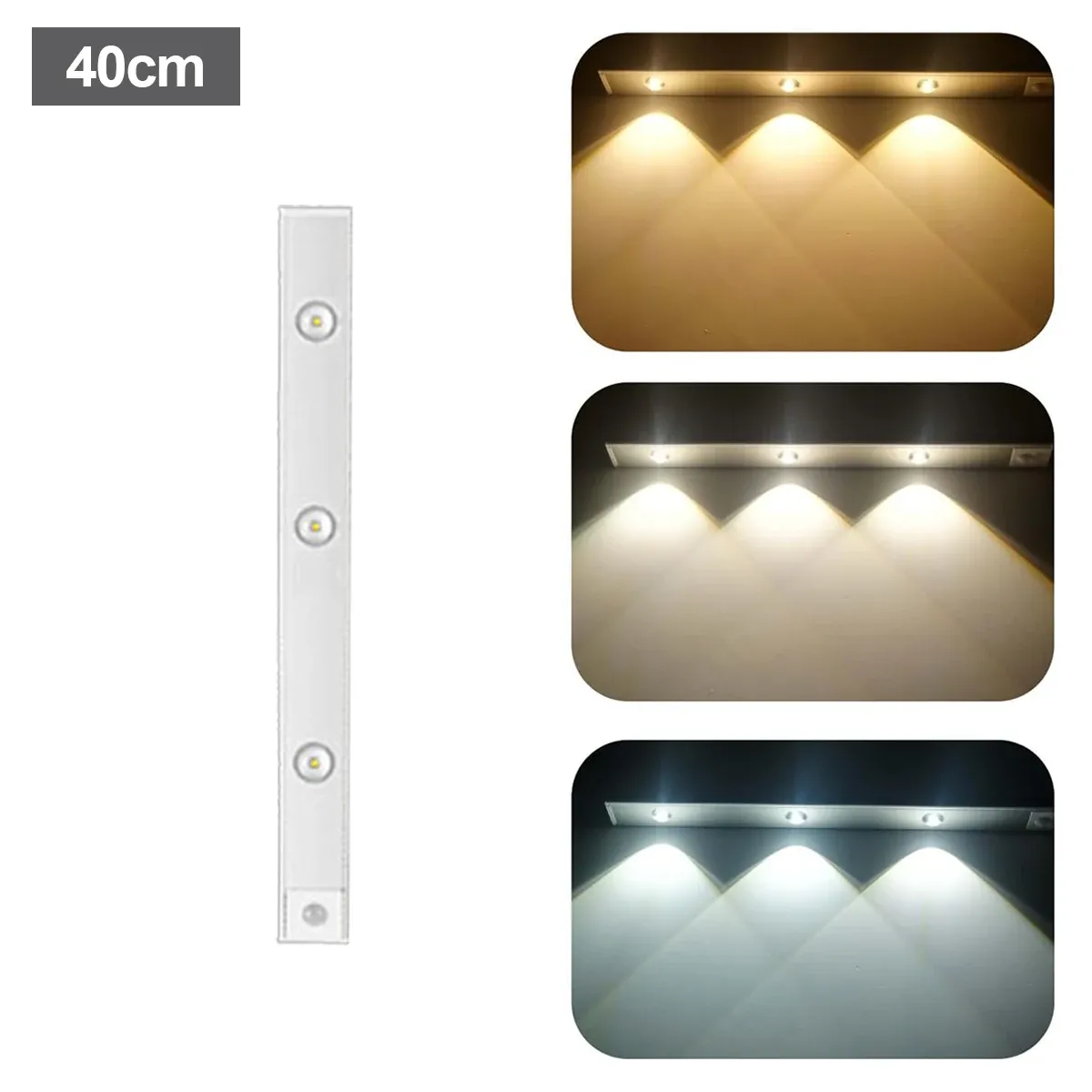 Lampe LED à détecteur de mouvement ultra fine avec éclairage tricolore, rechargeable par USB, bande lumineuse autocollante 10 cm / 20 cm / 30 cm / 50 cm pour placard 9