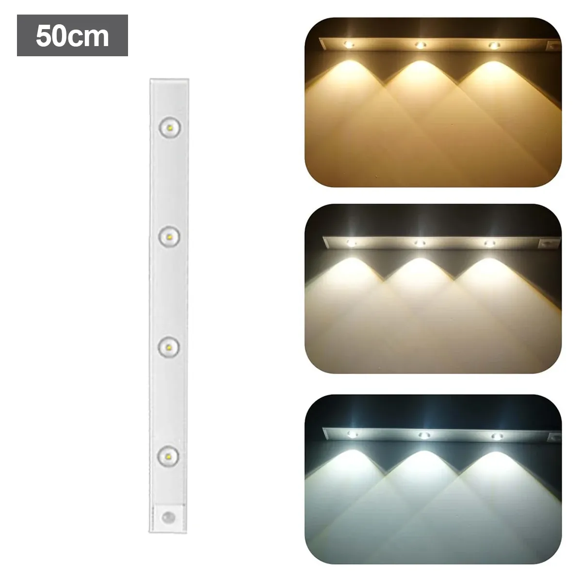 Lampe LED à détecteur de mouvement ultra fine avec éclairage tricolore, rechargeable par USB, bande lumineuse autocollante 10 cm / 20 cm / 30 cm / 50 cm pour placard 7