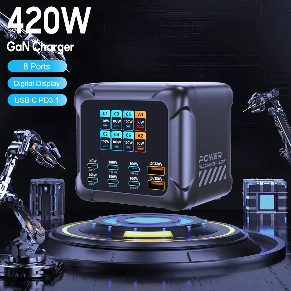Chargeur GaN 420 W Ubigbuy avec PPS, PD 3.1 140 W, USB-C et écran numérique, station de charge rapide pour MacBook, iPhone 17 et Samsung - Image 1