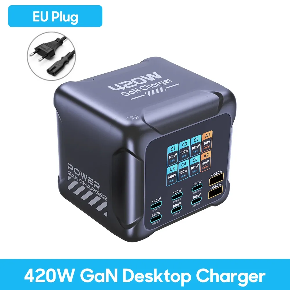 Chargeur GaN 420 W Ubigbuy avec PPS, PD 3.1 140 W, USB-C et écran numérique, station de charge rapide pour MacBook, iPhone 17 et Samsung 11