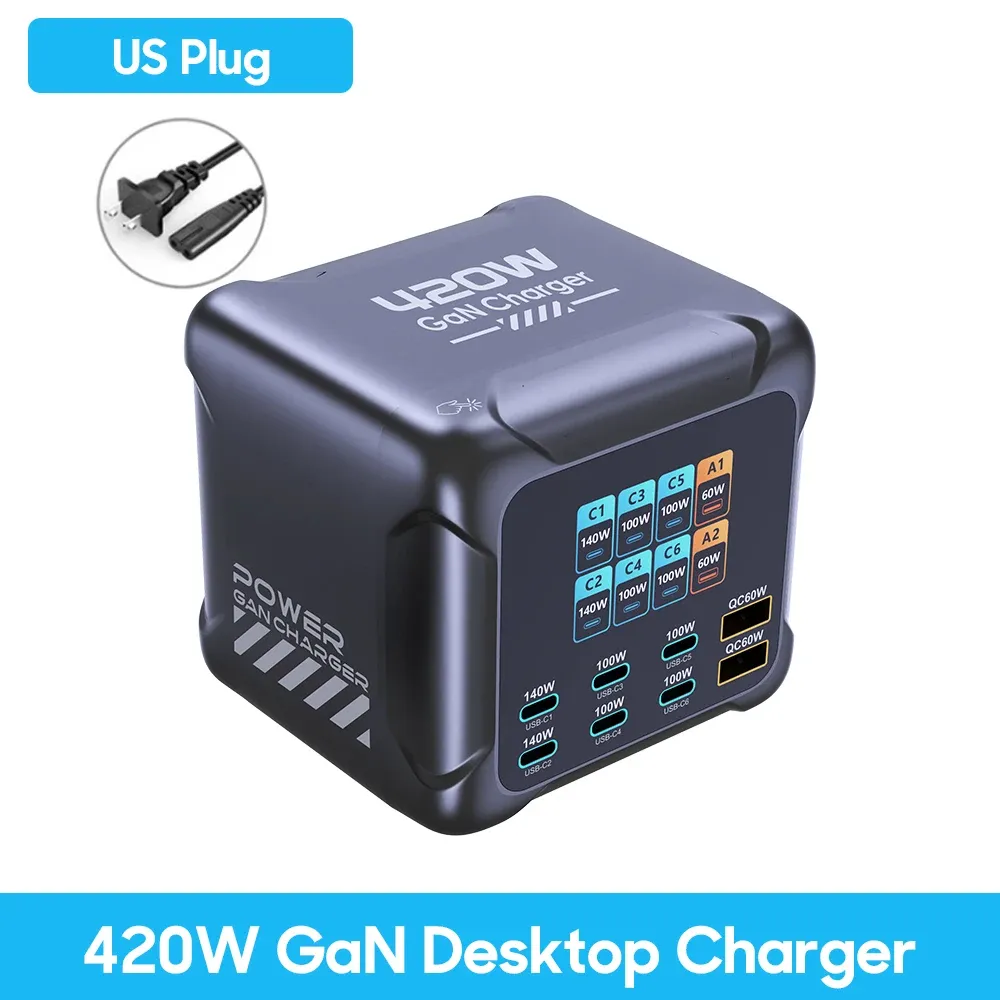 Chargeur GaN 420 W Ubigbuy avec PPS, PD 3.1 140 W, USB-C et écran numérique, station de charge rapide pour MacBook, iPhone 17 et Samsung 9