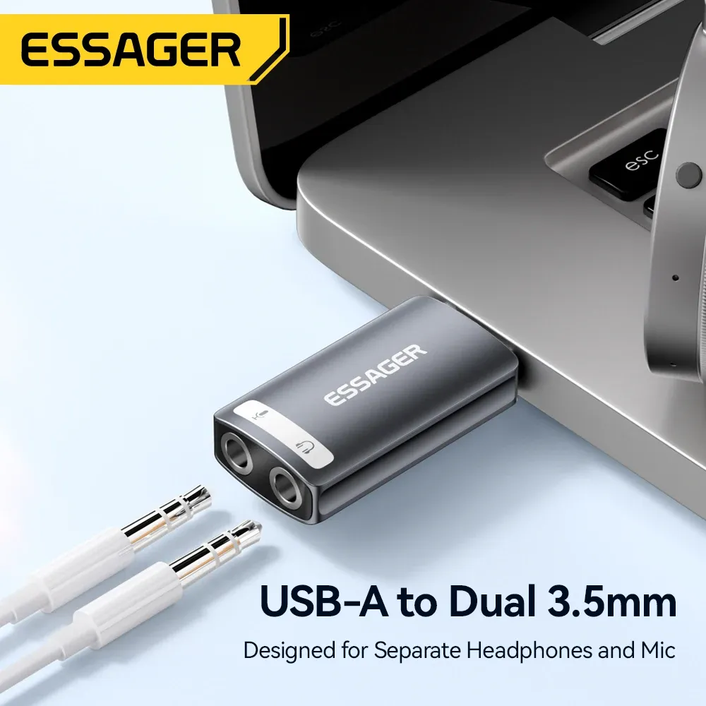 Essager – Carte son USB externe avec prise micro 3,5 mm et casque stéréo, adaptateur audio pour microphone, interface haut-parleur pour ordinateur portable 2