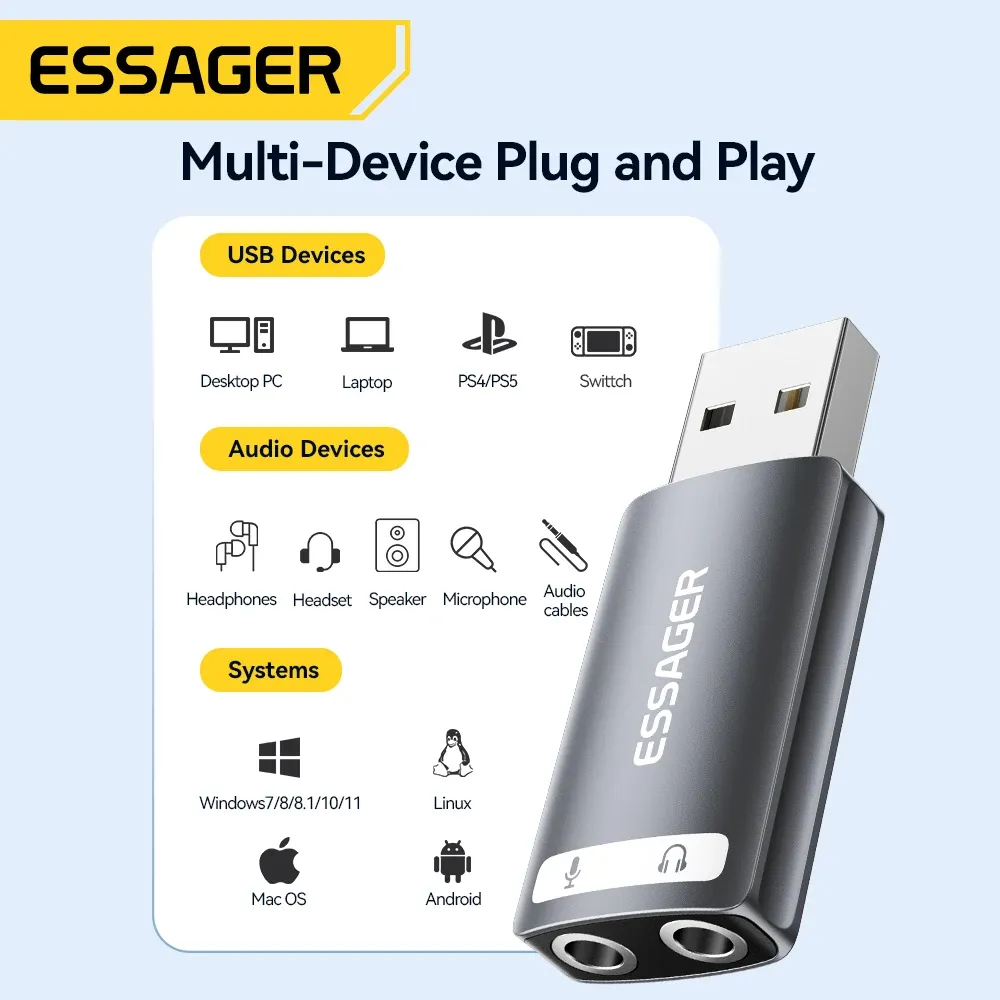 Essager – Carte son USB externe avec prise micro 3,5 mm et casque stéréo, adaptateur audio pour microphone, interface haut-parleur pour ordinateur portable 4
