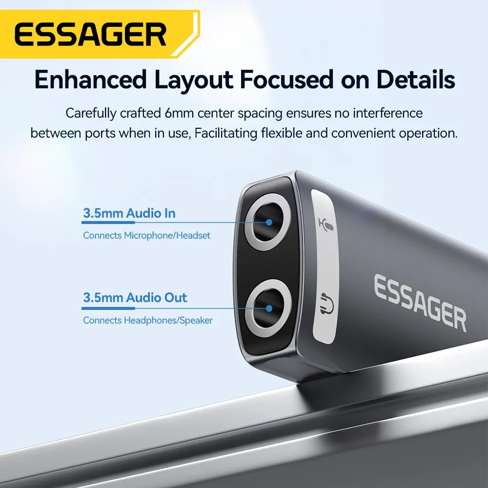 Essager – Carte son USB externe avec prise micro 3,5 mm et casque stéréo, adaptateur audio pour microphone, interface haut-parleur pour ordinateur portable 6