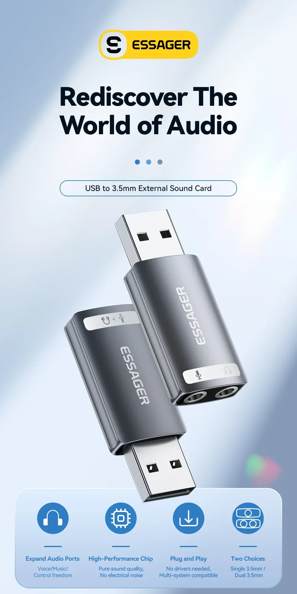 Adaptateur audio USB Essager, vue générale
