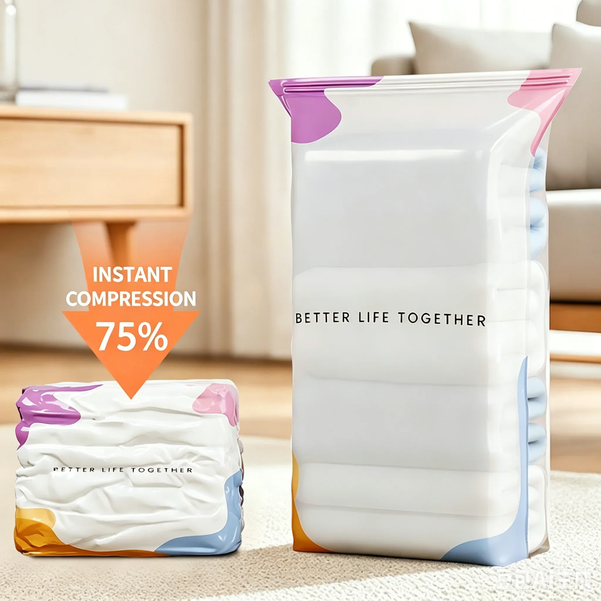Sacs de compression sous vide 3D sans pompe, épais et hermétiques, pour le rangement des couettes et vêtements, gain de place idéal pour la maison et les voyages 2