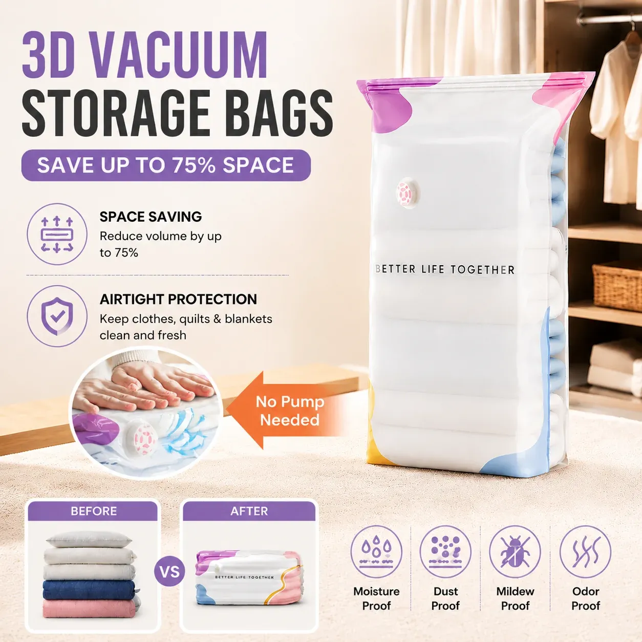 Sacs de compression sous vide 3D sans pompe, épais et hermétiques, pour le rangement des couettes et vêtements, gain de place idéal pour la maison et les voyages - Image 1