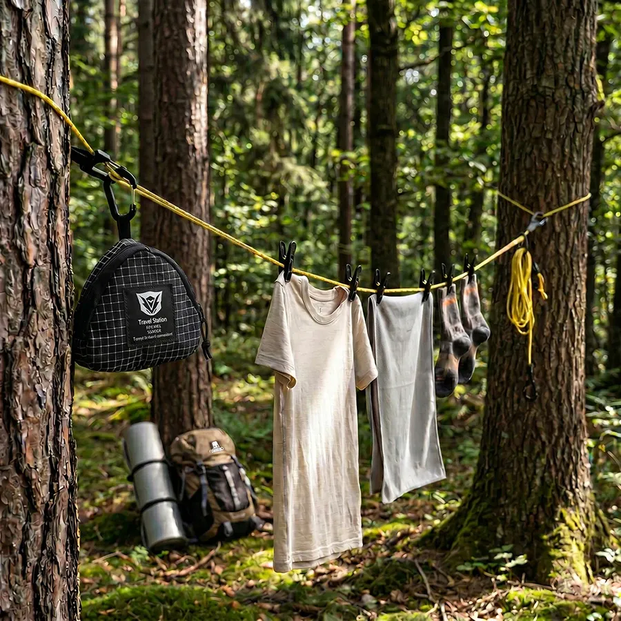 Corde à linge réglable avec pinces en situation
