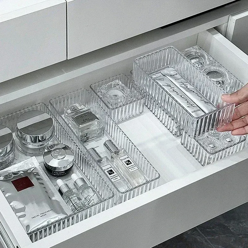 Organisateurs de tiroirs de bureau, ensemble de rangement pour salle de bain en plastique, organisateur de maquillage, boîte de rangement transparente, bacs, gadget de cuisine 1