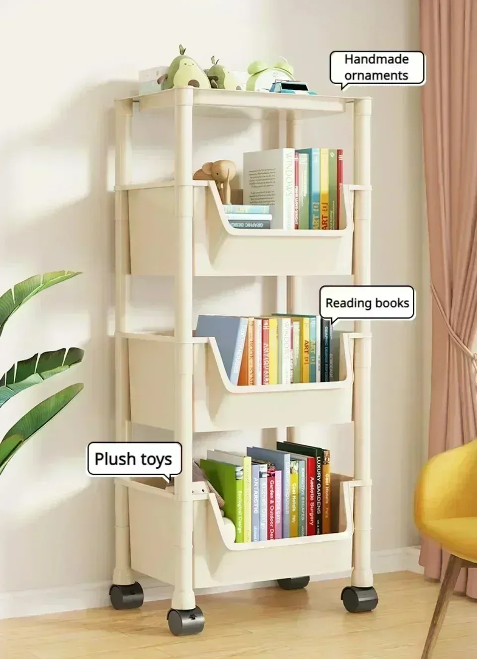 Étagère de rangement mobile, détail des étages