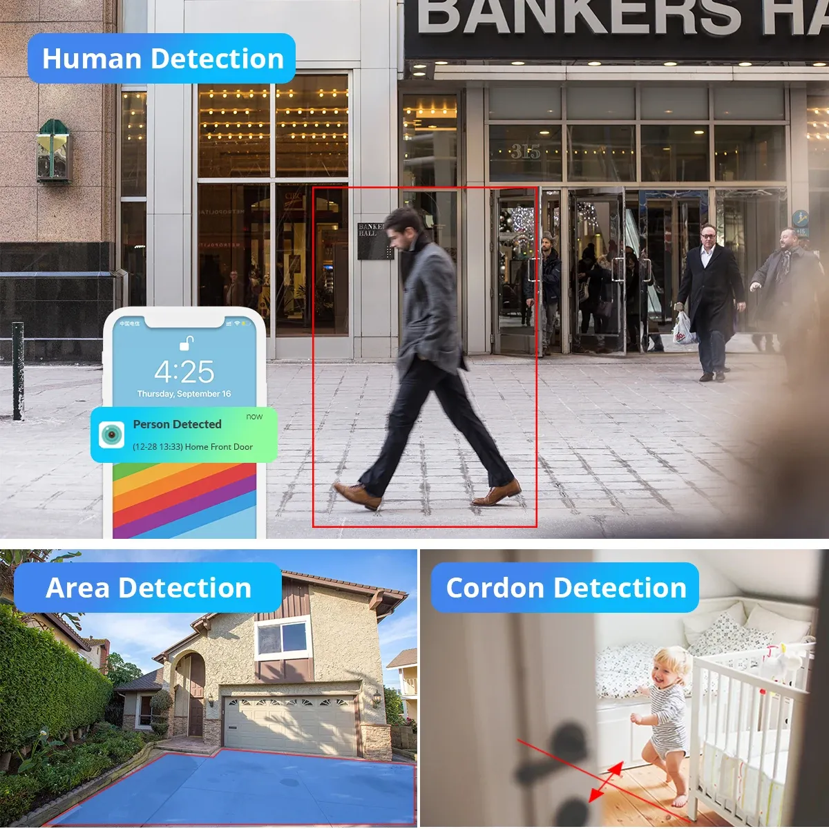 Caméra IP 5 MP sans fil avec Wi-Fi, détection humaine par IA, compatible ICSee, caméra de surveillance extérieure 3
