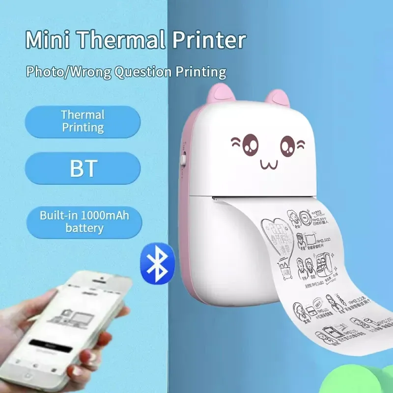 Mini imprimante thermique portable sans fil Bluetooth 203 dpi pour étiquettes, photos et mémos, avec câble USB 3