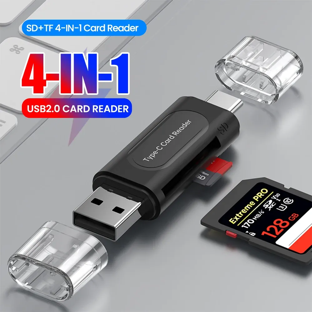 Lecteur de carte USB Type-C multifonction 4 en 1, stockage externe extensible, noir, compatible clé USB 2.0, mini lecteur de carte SD et TF