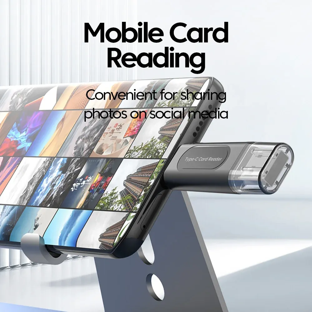 Lecteur de carte USB Type-C multifonction 4 en 1, stockage externe extensible, noir, compatible clé USB 2.0, mini lecteur de carte SD et TF 2