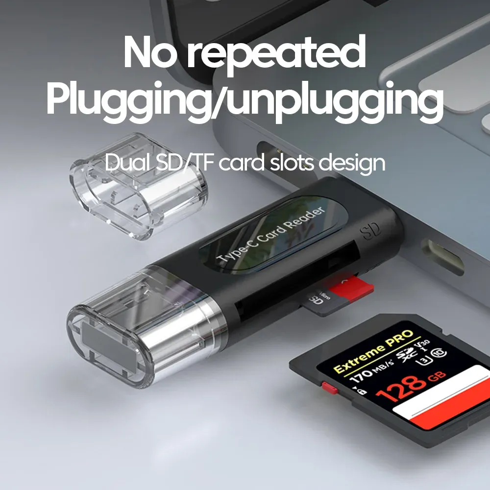 Lecteur de carte USB Type-C multifonction 4 en 1, stockage externe extensible, noir, compatible clé USB 2.0, mini lecteur de carte SD et TF 5