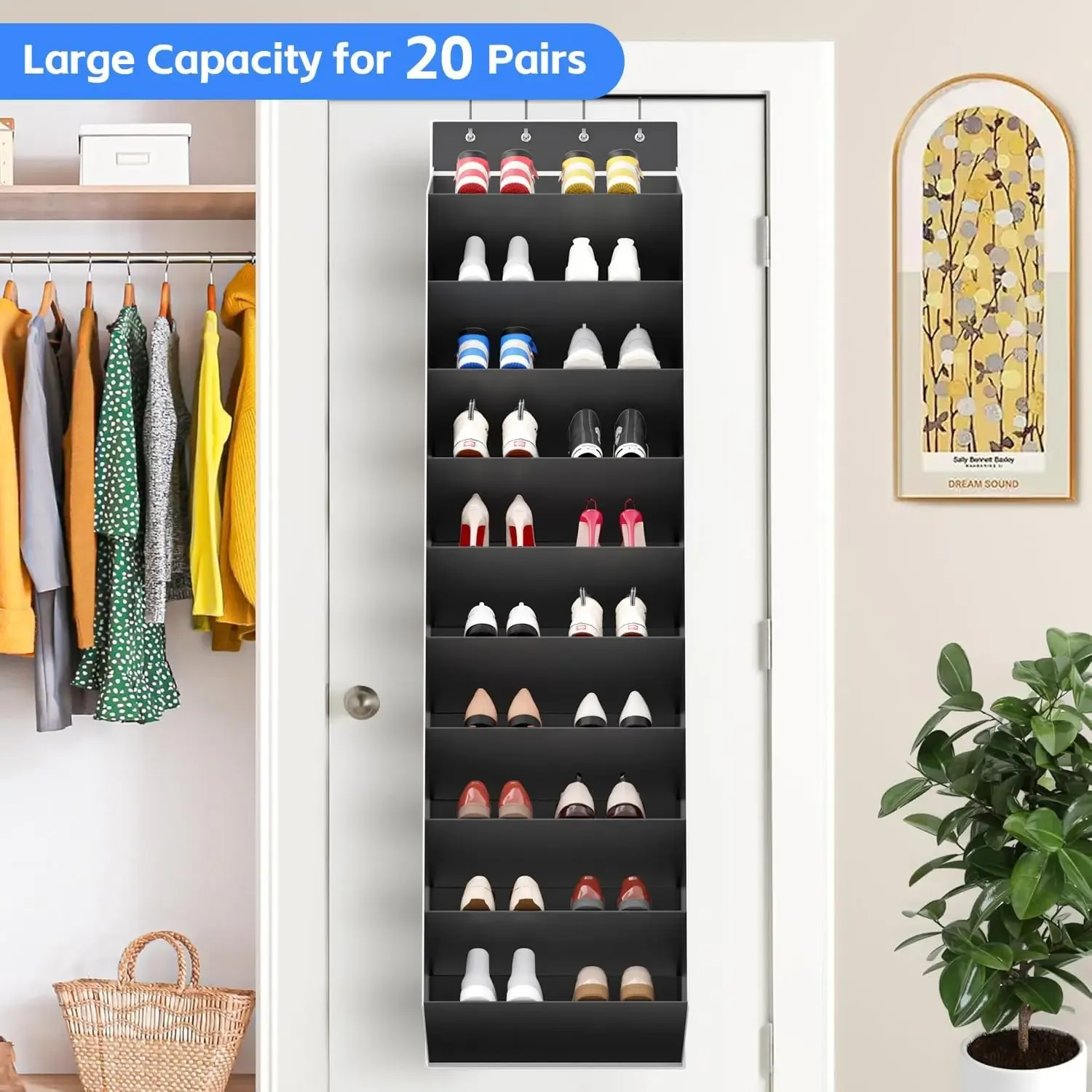 Grand organisateur de chaussures à 10 niveaux à suspendre à la porte, étagère à chaussures avec poches profondes pour placard, solution de rangement 6