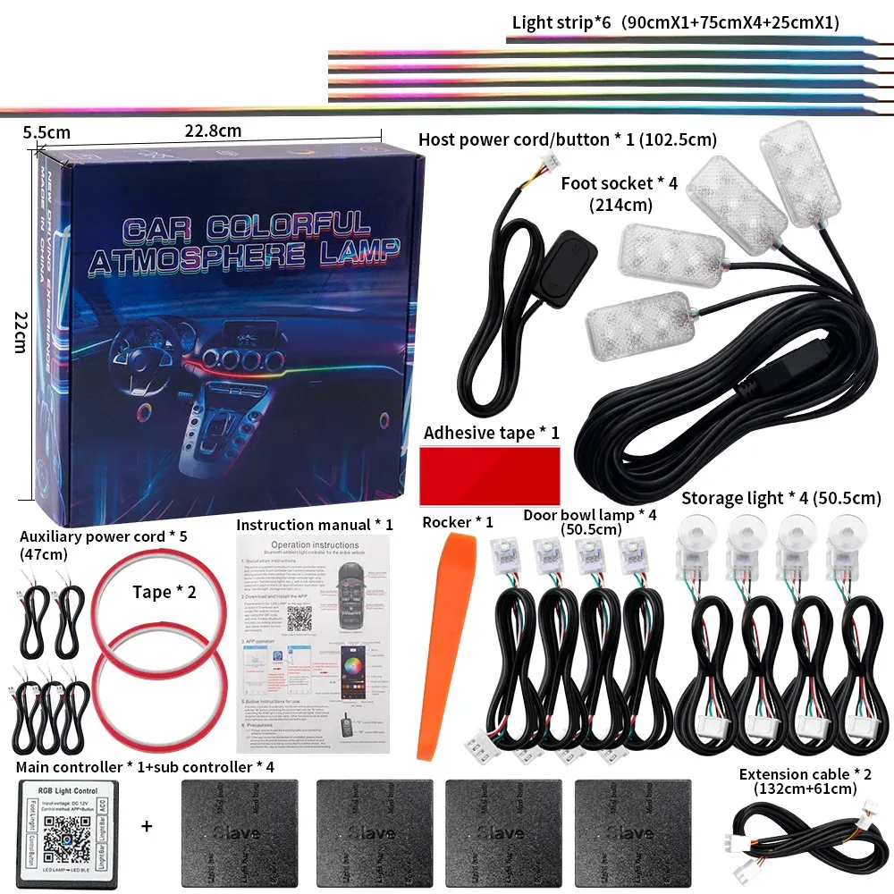 Kit d'éclairage d'ambiance LED pour voiture Bluetooth, RVB arc-en-ciel, 12 V