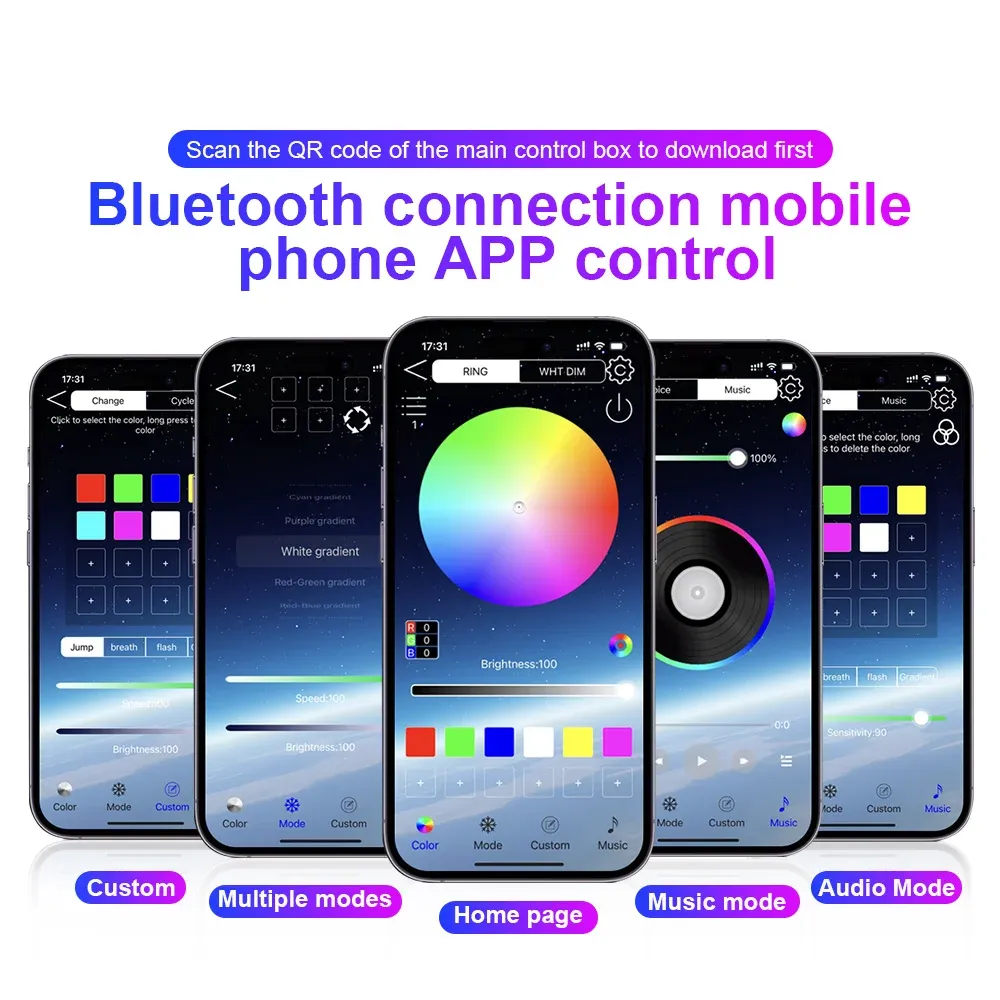 Kit d'éclairage d'ambiance LED pour voiture Bluetooth, RVB arc-en-ciel, 12 V 2