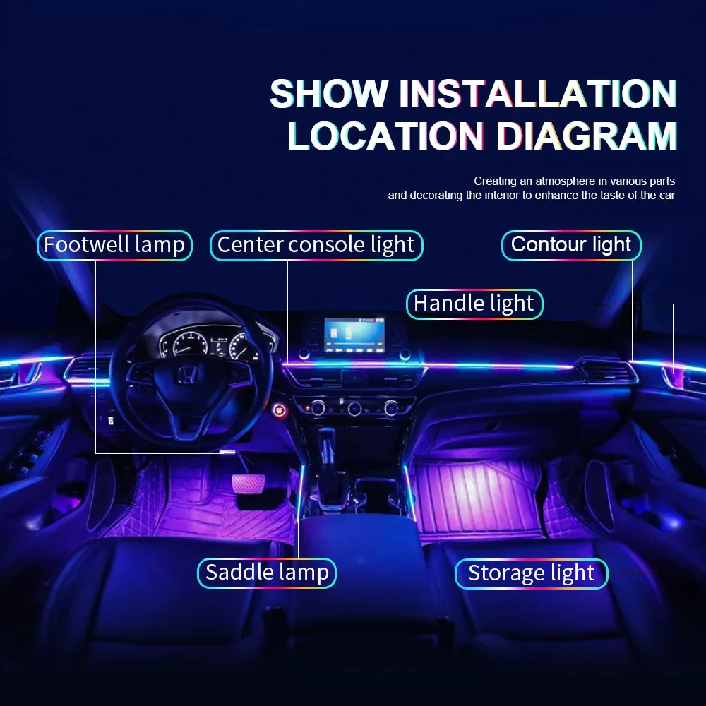 Kit d'éclairage d'ambiance LED pour voiture Bluetooth, RVB arc-en-ciel, 12 V 3