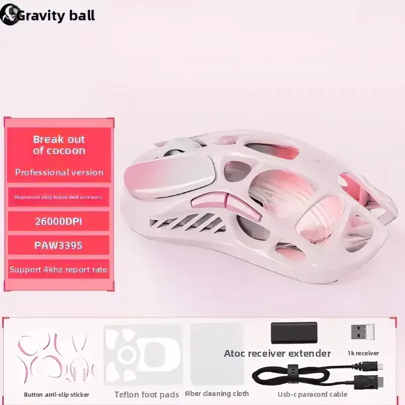 Souris de jeu sans fil GravaStar Mercury M2 M1 en alliage, capteur PAW3395DM 26 000 DPI, design léger et évidé, éclairage RGB 9