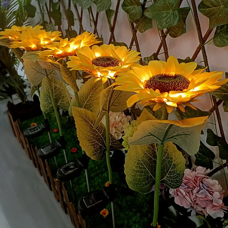 Lampe solaire tournesol LED à 1 ou 3 têtes, éclairage décoratif pour jardin et extérieur 3