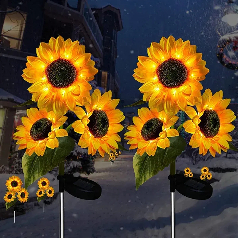 Lampe solaire tournesol LED à 1 ou 3 têtes, éclairage décoratif pour jardin et extérieur