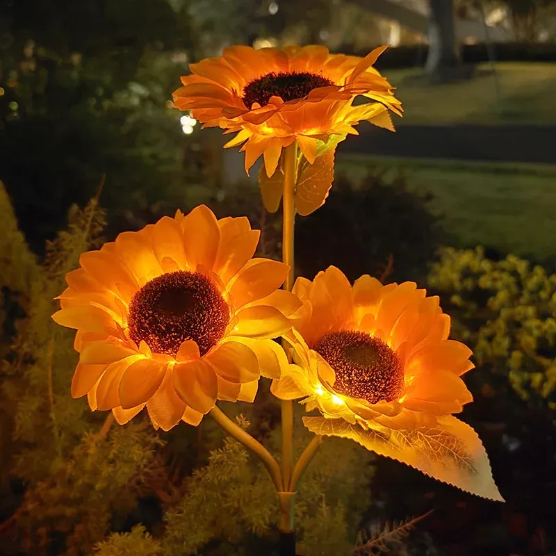Lampe solaire tournesol LED à 1 ou 3 têtes, éclairage décoratif pour jardin et extérieur 7