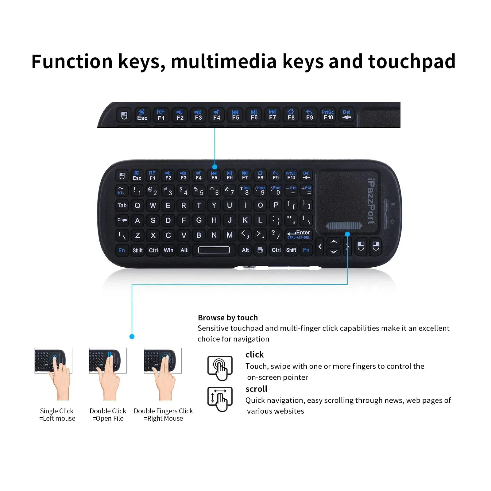 IPazzPort Mini clavier sans fil Bluetooth et 2,4 GHz avec souris et pavé tactile pour Android TV Box, PC, tablette, PS4, Raspberry Pi 3 et HTPC 3