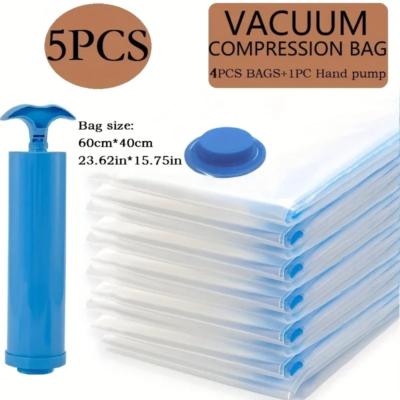 Ensemble de rangement sous vide 5 pièces : 4 sacs de compression et 1 pompe pour vêtements, couettes et literie 8