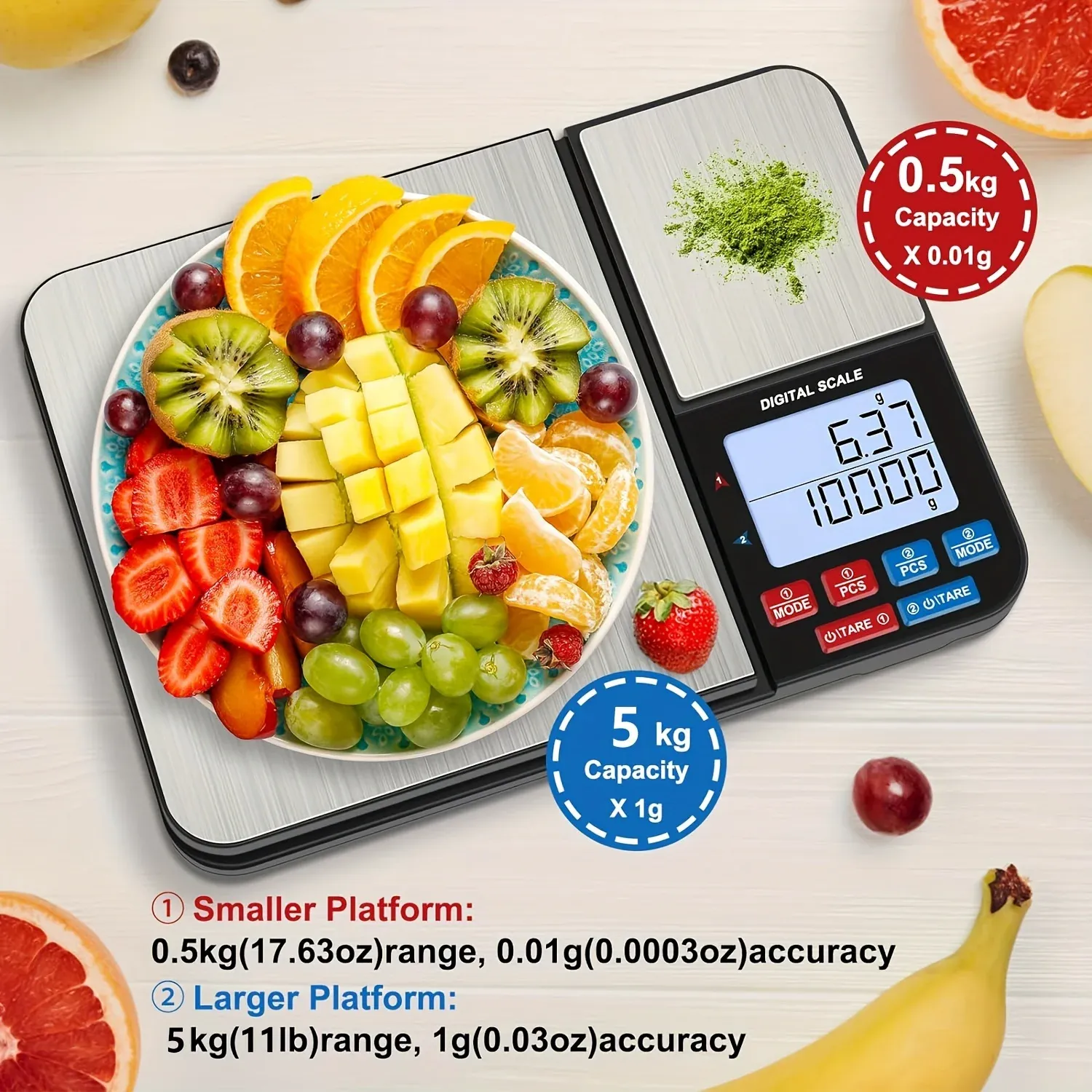 Balance de cuisine numérique grand format à double plateau, avec deux graduations : 0,01 g / 0,001 oz et 0,1 g / 0,01 oz, capacité maximale 5 kg / 11 lb. 2
