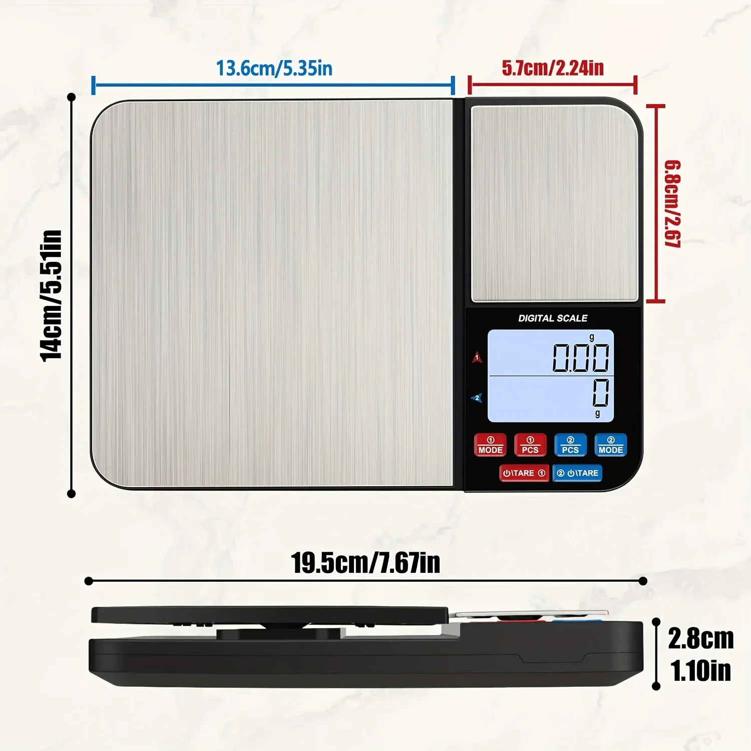 Balance de cuisine numérique grand format à double plateau, avec deux graduations : 0,01 g / 0,001 oz et 0,1 g / 0,01 oz, capacité maximale 5 kg / 11 lb. 4