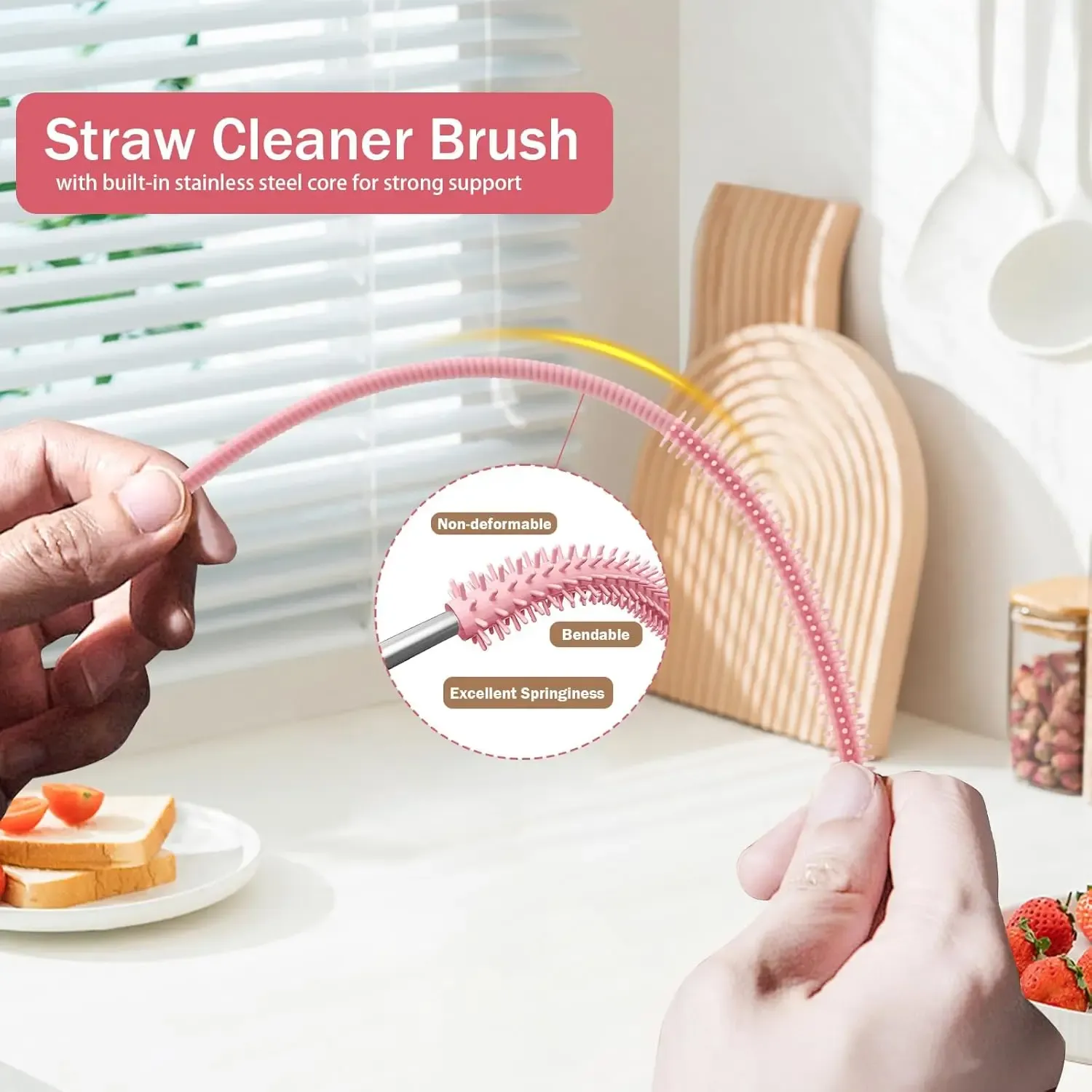 Brosse de nettoyage pour pailles en silicone réutilisable, à âme en acier pliable, souple et extra-longue pour bouteilles 3