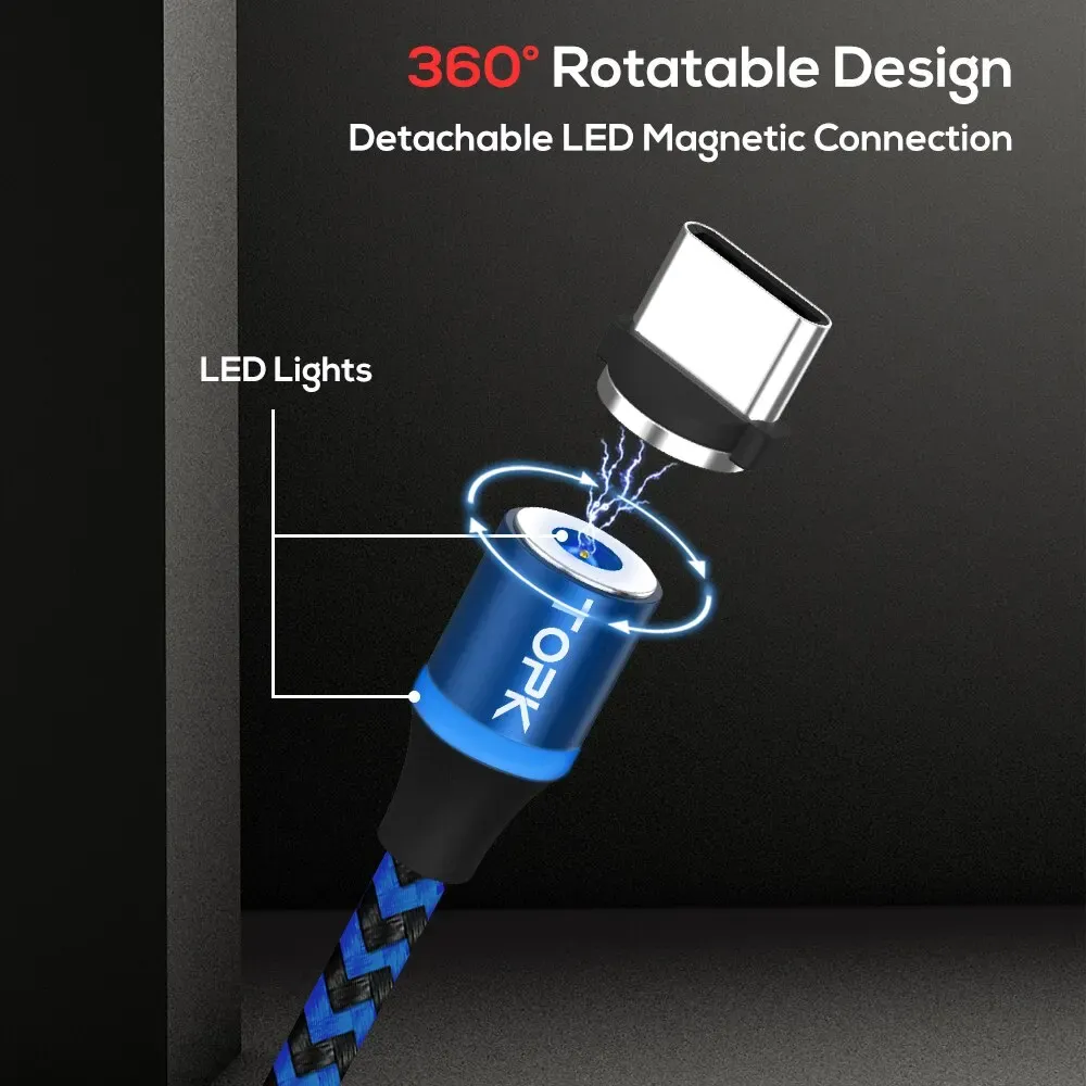 TOPK Câble de charge magnétique 3 en 1 rotatif à 360°, avec lumière LED, compatible micro USB et USB-C 3