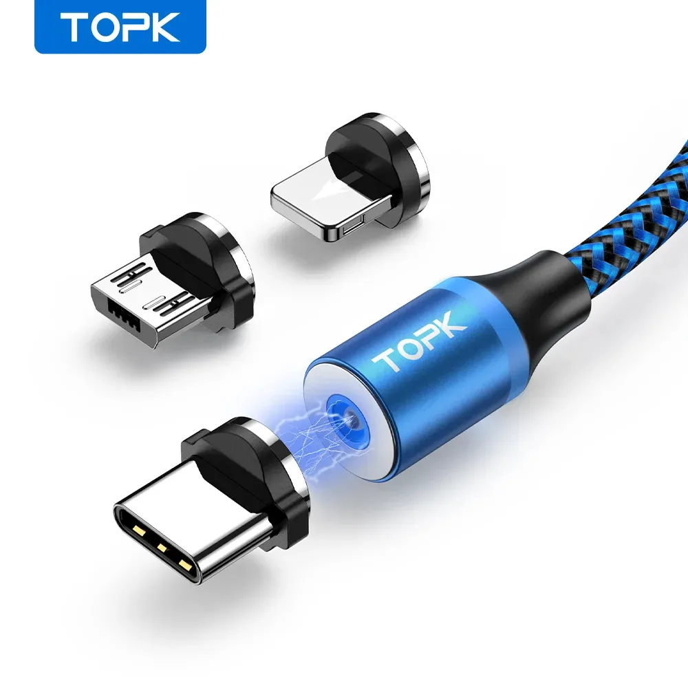 TOPK Câble de charge magnétique 3 en 1 rotatif à 360°, avec lumière LED, compatible micro USB et USB-C